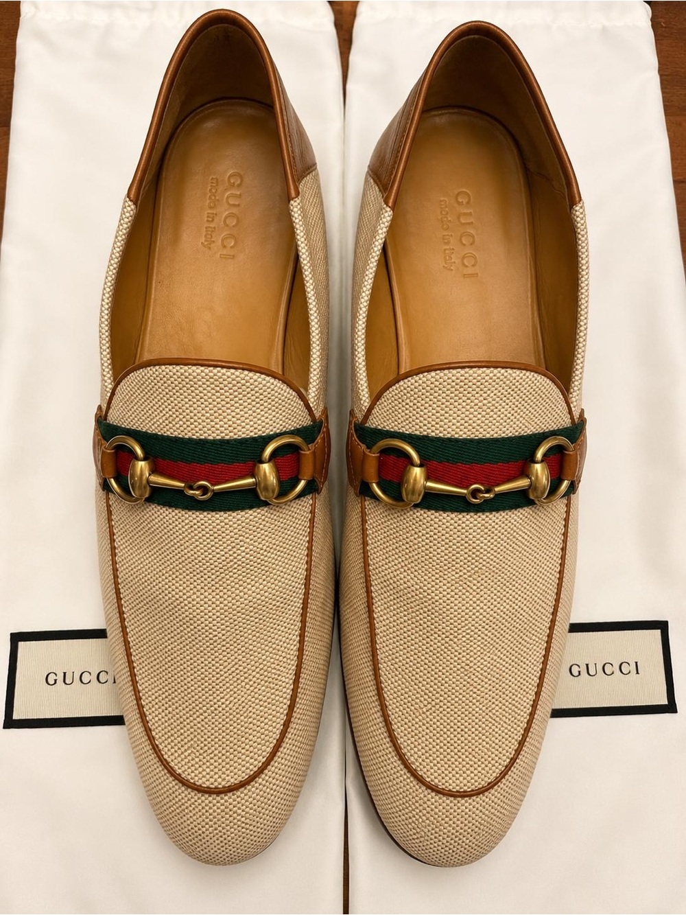 Authentic Gucci Horsebit Web Loafers Beige Canvas Brown Leather /Made Italy - Picture 4 of 7